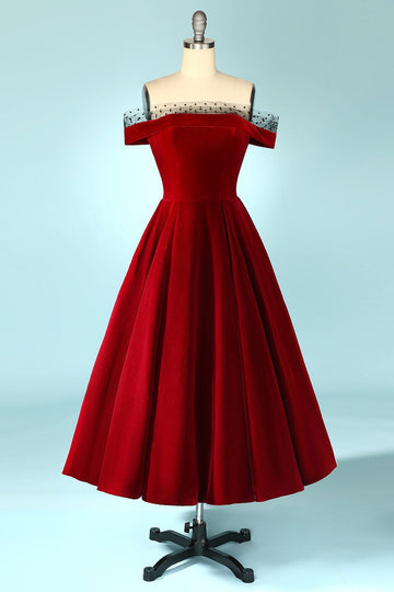 Burgundy Off-the-Shoulder Velvet Party Dress